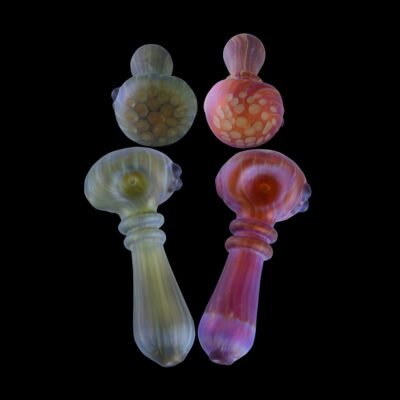 Amber Purple and Light Green sandblasted glass pipes with double Maria’s on the neck, fume trap on the head, striped and variegated polychromatic striking finish, then media blasted