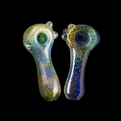 two multicolored glass pipes with gold, silver, and three glass marbles