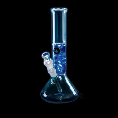 a clear and blue glass water pipe with a frosted glass bowl