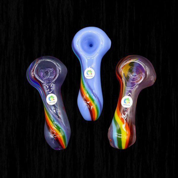 3 glass spoon style pipes with a rainbow cane twist in light blue, light purple, and plum